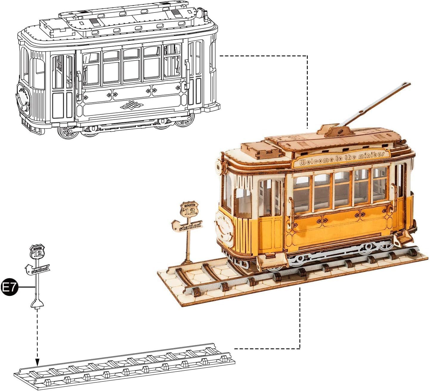 ROBOTIME 3D Puzzle Tram Car Wooden Model Kits For Adult To Build Your Own Laser Cut Jigsaw Building Construction Crafts Kits And Best Birthday Gifts TG505