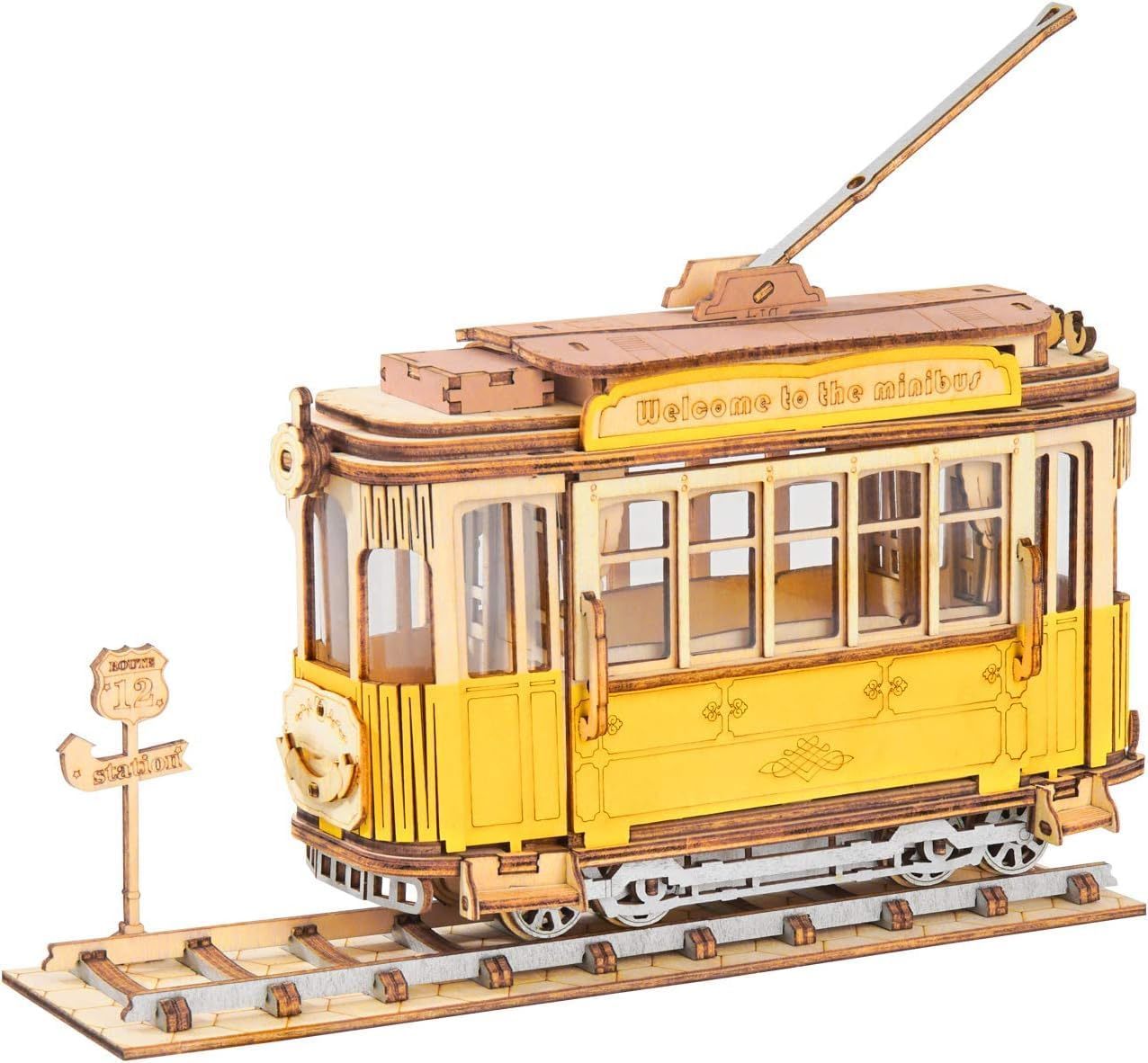 ROBOTIME 3D Puzzle Tram Car Wooden Model Kits For Adult To Build Your Own Laser Cut Jigsaw Building Construction Crafts Kits And Best Birthday Gifts TG505