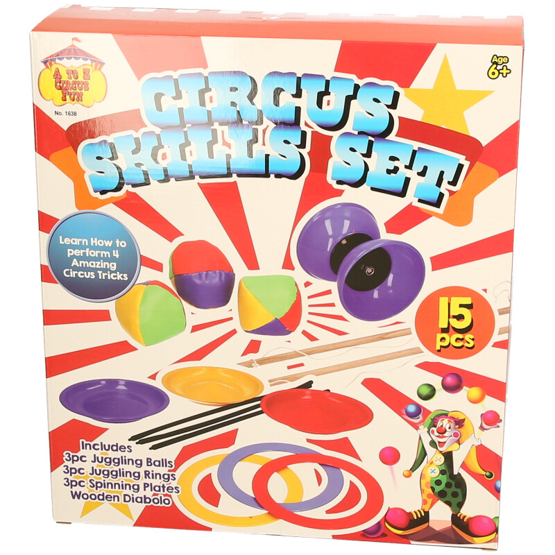 Circus Skill Set – 15-Piece Juggling, Spinning Plates, Rings & Wooden Diabolo Kit (Ages 6+)