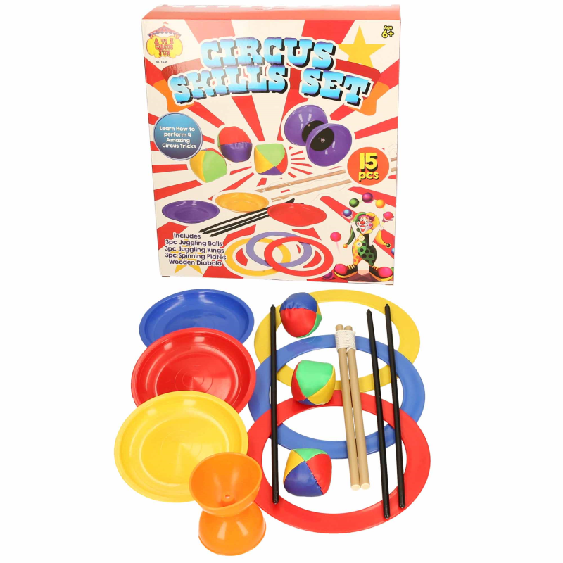Circus Skill Set – 15-Piece Juggling, Spinning Plates, Rings & Wooden Diabolo Kit (Ages 6+)