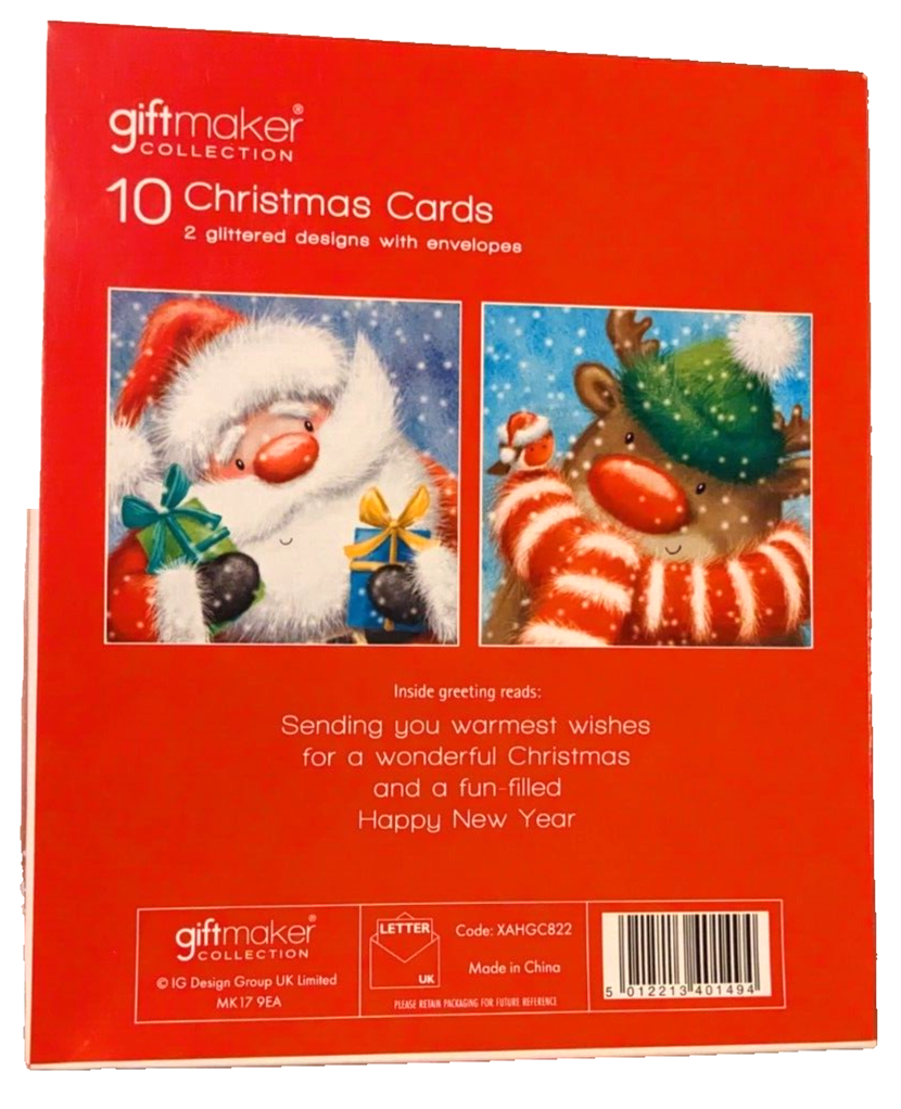 Giftmaker Pack 10 Square Christmas Cards 2 Designs Traditional Cute Festive Eco