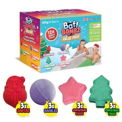 Zimpli Kids Christmas Baff Bombz – Pack of 12 Festive Bath Bombs (4 Fun Shapes) | Skin Safe & Biodegradable