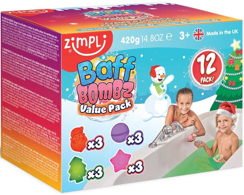 Zimpli Kids Christmas Baff Bombz – Pack of 12 Festive Bath Bombs (4 Fun Shapes) | Skin Safe & Biodegradable